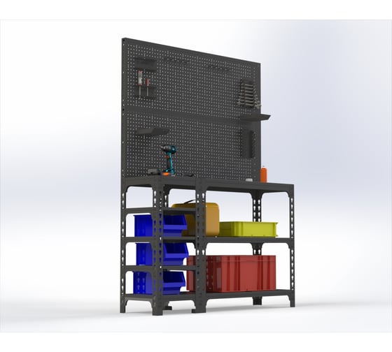 Изображение товара Стол-верстак Metalex 950x1600x400 (с бок. полками, двумя перфопанелями и комп. аксессуаров) серый / ООО Металекс 111685