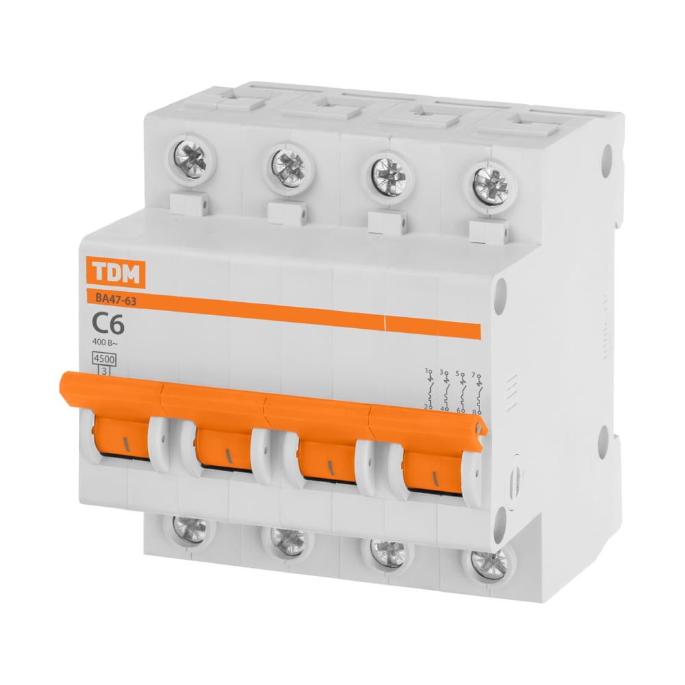 Изображение товара Автоматический выключатель TDM ELECTRIC ВА47-63 4Р 6А 4,5кА х-ка С SQ0218-0028