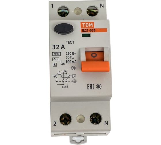 Изображение товара Устройство защитного отключения TDM ELECTRIC УЗО ВД1-63S, 2Р, 32А, 100мА SQ0203-0054