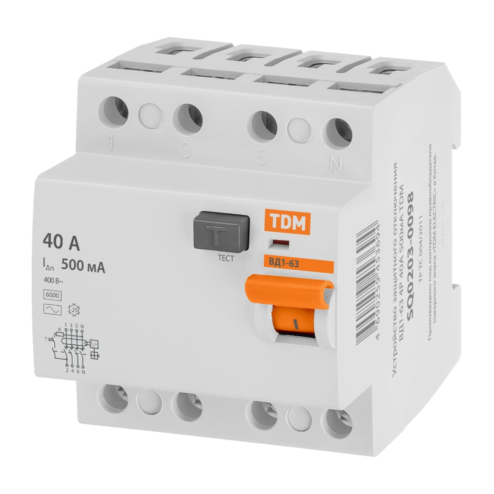 Изображение товара Устройство защитного отключения ВД1-63 4Р 40A 500мА TDM ELECTRIC
