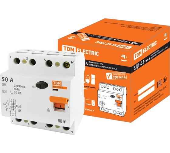 Изображение товара Устройство защитного отключения TDM ELECTRIC ВД1-63 4Р 50А 30мА тип А SQ0203-0088
