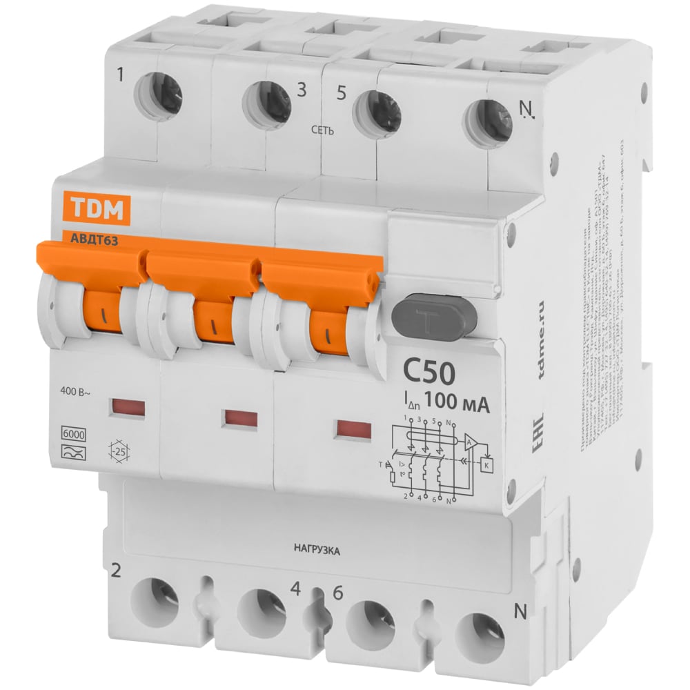 Изображение товара Автоматический выключатель дифференциального тока TDM ELECTRIC 63 4P3Р+N C50 100мА 6кА