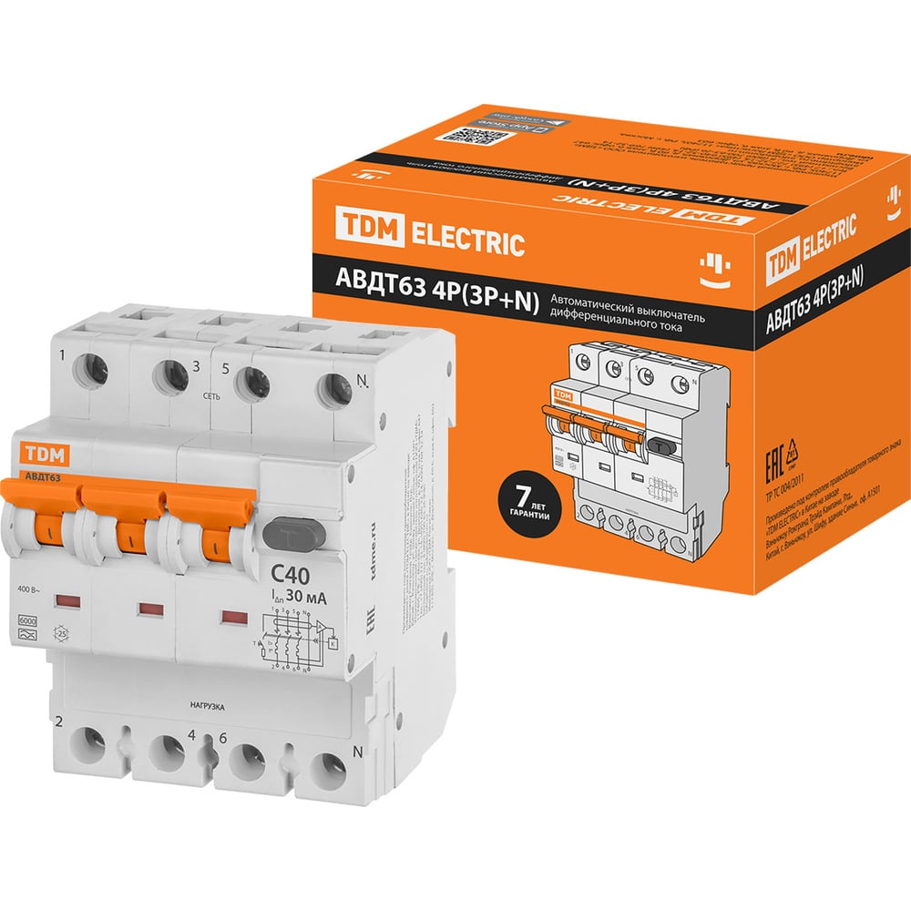 Изображение товара Автоматический выключатель дифференциального тока TDM ELECTRIC 63 4P 30мА IP20