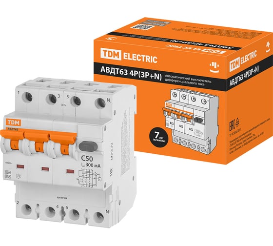Изображение товара Автоматический выключатель дифференциального тока TDM ELECTRIC 63 4P3Р+N C50 300мА 6кА тип А SQ0202-0054
