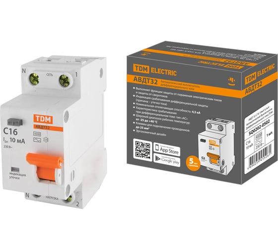 Изображение товара Автоматический выключатель дифференциального тока TDM ELECTRIC 32 2P1P+N C16А 10мА 4,5кА тип АС SQ0202-0502