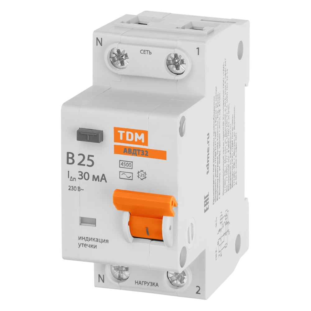 Изображение товара Автоматический выключатель дифференциального тока TDM ELECTRIC 32 2P(1P+N) B25А 30мА 4,5кА тип АС SQ0202-0521