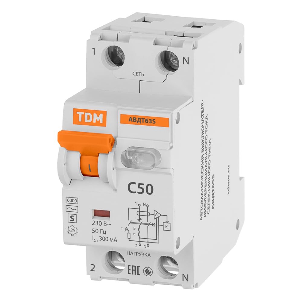 Изображение товара Автоматический выключатель дифференциального тока TDM ELECTRIC 63S 2P1P+N C50 300мА 6кА