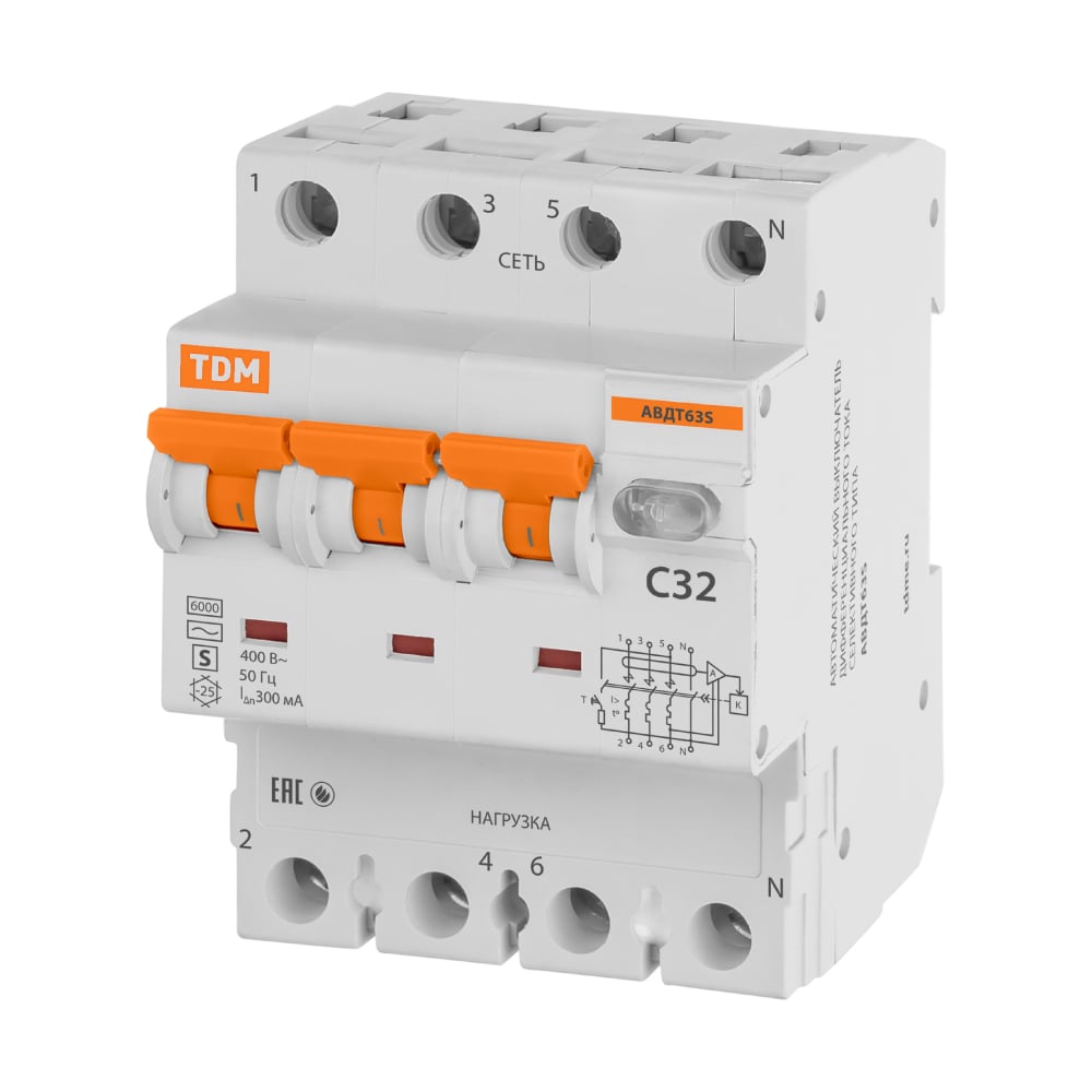 Изображение товара Автоматический выключатель дифференциального тока TDM ELECTRIC 63S 4P3P+N C32 300мА 6кА тип А