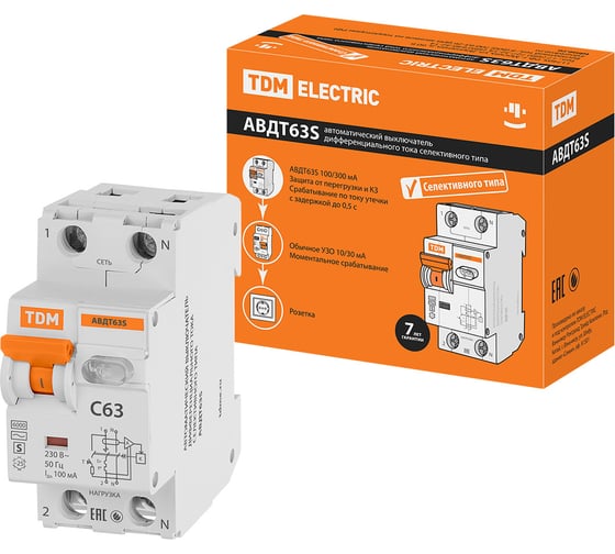 Изображение товара Автоматический выключатель дифференциального тока TDM ELECTRIC 63S 2P1P+N C63 300мА 6кА тип АС SQ0202-0043