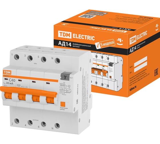 Изображение товара Дифференциальный автомат TDM ELECTRIC АД14 4Р 40А 30мА SQ0204-0139