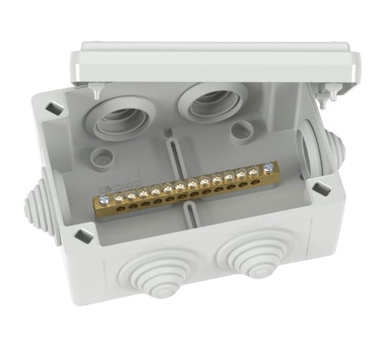 Изображение товара Коробка уравнивания потенциалов DKC, 12 зажимов, 6 вводов д.25мм, 120x80x50мм, IP55 1 ШТ NE3112