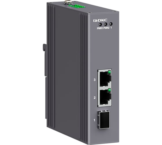 Изображение товара Промышленный медиаконвертер DKC 3 х портовый, 1x100Base X SFP слот, 2x10/100Base T X портов RJ45, 12 48В DC/18 30В AC, с р N1100 1SFP N1100-1SFP2T-P2