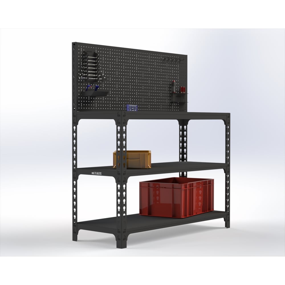 Изображение товара Стол-верстак ООО Металекс 950x1200x600 (две полки) + перфопанель с комплектом аксессуаров (серый) / 111753