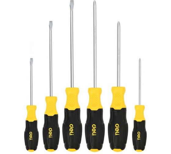 Изображение товара Набор отверток DELI 6 шт DL630006N (SL5/PH1x75 + SL5/PH1x100 + SL6/PH2x150, сталь Cr-V, двухкомпонентная прорезиненная рукоять) 183596