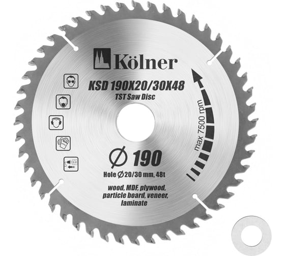 Изображение товара Диск пильный KSD (190 мм; переходник 20/30 мм; 48 t; 7600 об/мин) Kolner 8100300078