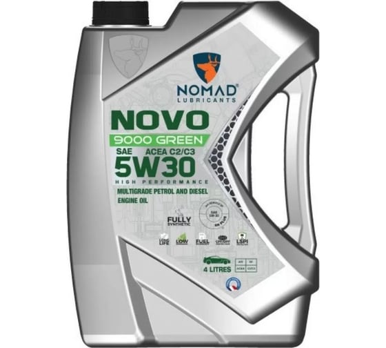 Изображение товара Масло моторное синтетическое для легковых а/м NOMAD Novo 9000 Green SAE 5W30 ACEA C2 C3, API SP, SN PLUS, SN/CF  4л 32381