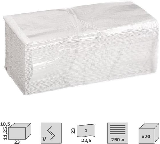 Изображение товара Бумажные полотенца для диспенсера ООО Комус V-сложение, 1 слой, белый, 250 листов, 20 пачек в упаковке 1023415