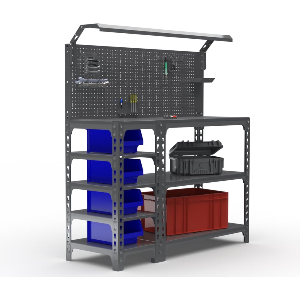 Изображение товара Стол-верстак Metalex SUN с боковыми полками и освещением, 950x1800 мм
