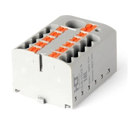 Изображение товара Распределительный блок HLT ПНК-15 вводной провод 6 мм2 /отходящие провода 10x2.5мм2 крепление PAD-NS15/35 (10шт./уп.) 081-27-022