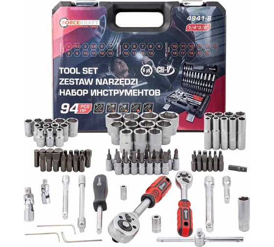Изображение товара Набор инструментов Forcekraft 94 предмета 1/4, 3/8 (6 граней) FK-4941-8(62156)