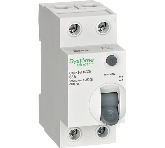 Изображение товара Выключатель дифференциального тока Systeme Electric селективный City9 Set ВДТ 63А, 2P, 300мА, A-S, 230В C9R87263