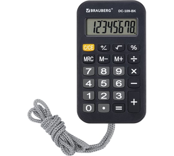 Изображение товара Калькулятор карманный со шнурком BRAUBERG DC-109-BK (61x110мм), 8 разрядов, черный 272642