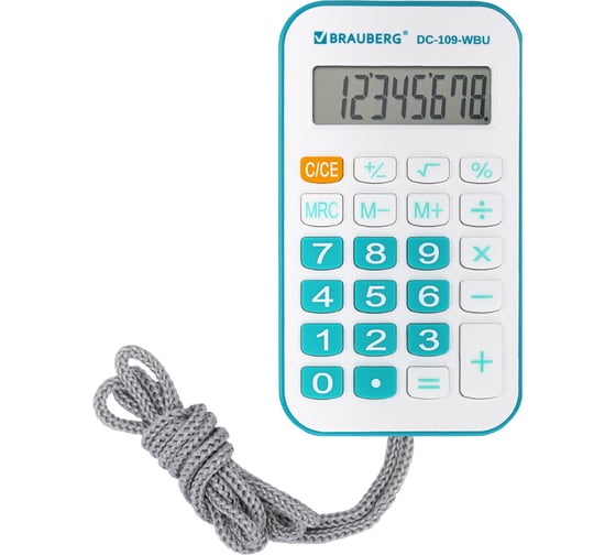 Изображение товара Калькулятор карманный со шнурком BRAUBERG DC-109-WBU (61x110мм), 8 разрядов, белый/голубой 272645