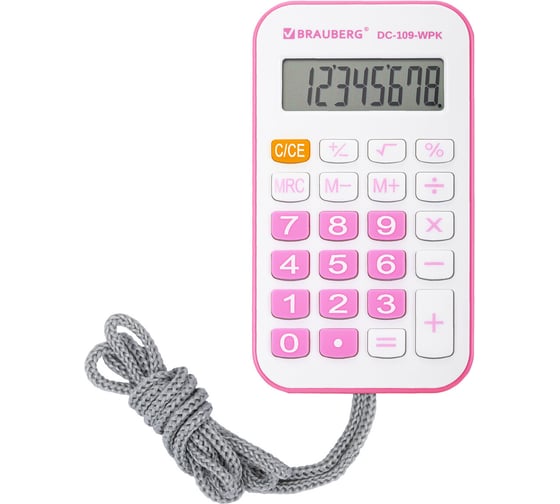 Изображение товара Калькулятор карманный со шнурком BRAUBERG DC-109-WPK (61x110мм), 8 разрядов, белый/розовый 272646