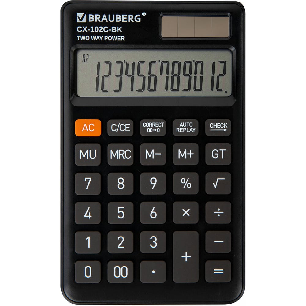 Изображение товара Калькулятор карманный BRAUBERG CX-102C-BK (76x126мм), 12 разрядов, двойное питание, черный 272647