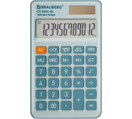 Изображение товара Калькулятор карманный BRAUBERG CX-102C-BL (76x126мм), 12 разрядов, двойное питание, голубой 272649