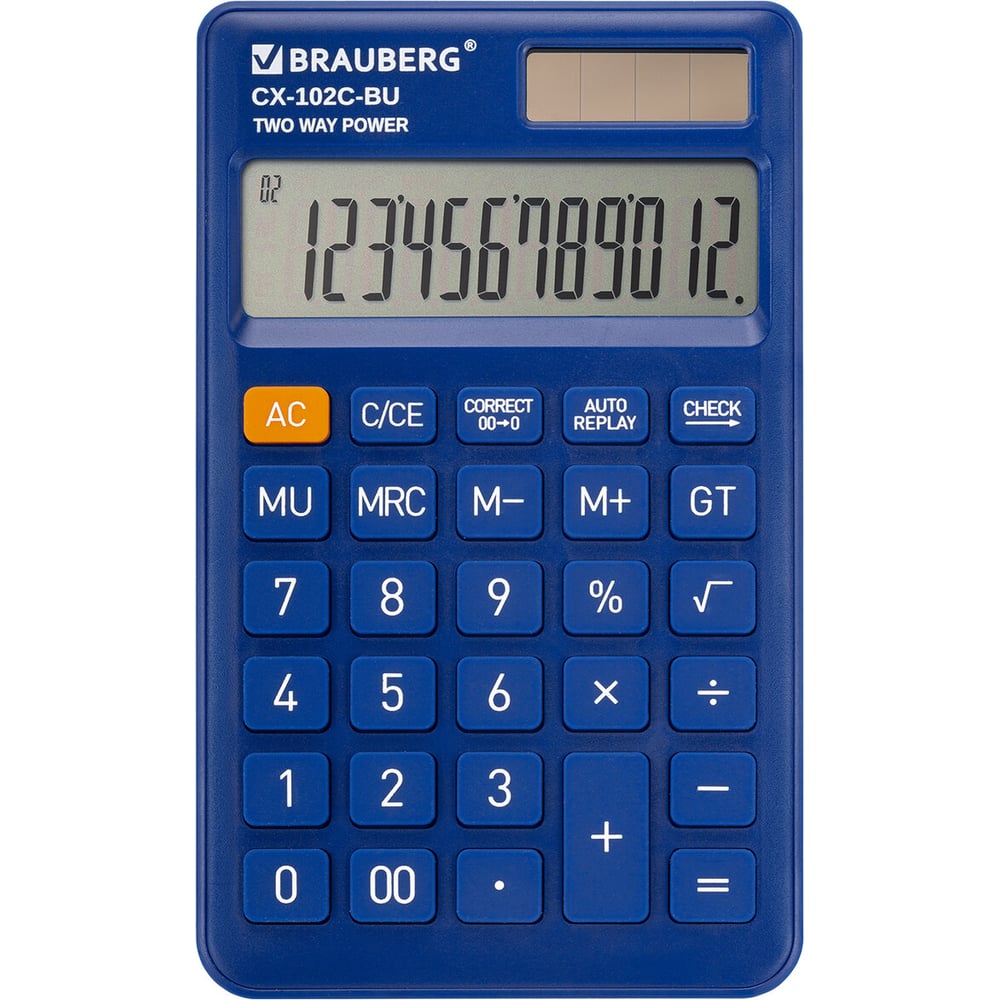 Карманный калькулятор BRAUBERG CX-102C-BU – компактный и надежный помощник в работе и учебе. Его удобно использовать в офисе, школе и в быту.Калькулятор производит все основные арифметические действия, вычисление с памятью, расчет наценки, вычисление с процентами, возведение в степень и извлечение квадратного корня. Дополнительно оснащен режимами автоматического просмотра операций, общего суммирования, коррекции. Вводимые данные и результаты вычислений хорошо видно на контрастном дисплее.Калькулятор имеет увеличенное число разрядов. Калькулятор оборудован встроенным аккумулятором и солнечной батареей, что позволяет долгие годы производить всевозможные расчеты, оборудован функцией автоматического отключения (через 8-10 минут бездействия), что позволяет максимально продлить срок службы без замены батареи.Размер – 126x76 мм.Гарантия – 10 лет.Сэкономьте время и деньги с карманным калькулятором BRAUBERG! Этот надежный помощник всегда будет под рукой, обеспечивая точность и скорость расчетов. Не упустите шанс приобрести качественный калькулятор уже сегодня!