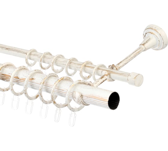 Изображение товара Двухрядный составной карниз Peora диаметр 28 мм, открытый кронштейн, цвет белое золото, размер 320 см 63770