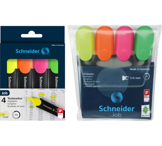 Изображение товара Набор текстовыделителей Schneider Job 4 цвета, 1-5 мм, прозрачный чехол 1500