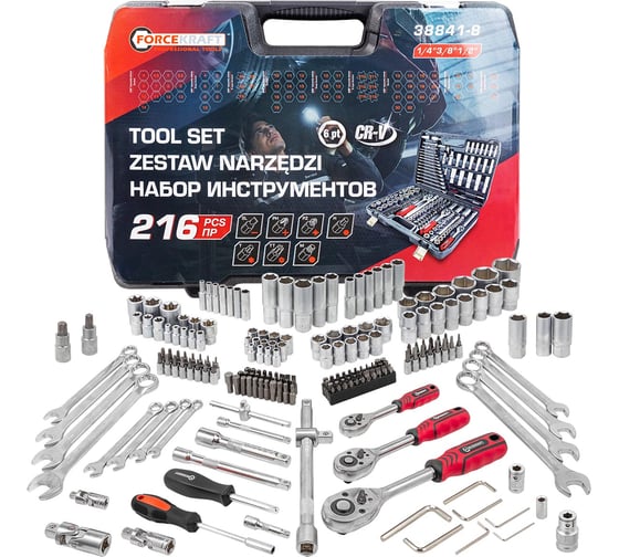 Изображение товара Набор инструментов Forcekraft 216 предметов 1/4, 3/8, 1/2 (6 граней) FK-38841-8(62154)