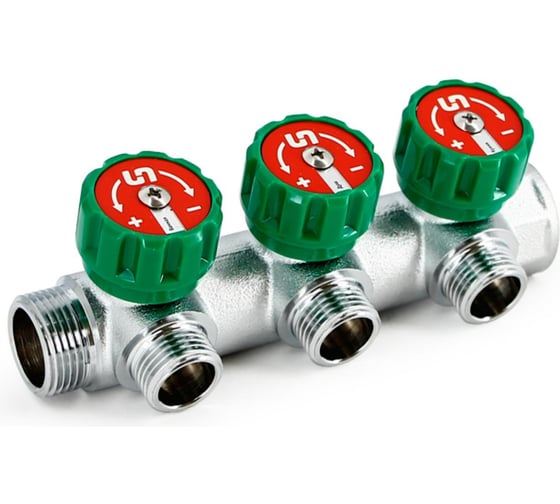 Изображение товара Коллектор Uni-Fitt НВ 3/4 3x1/2 45 мм с выходами под 90', хромированный с вентилями 414C3230