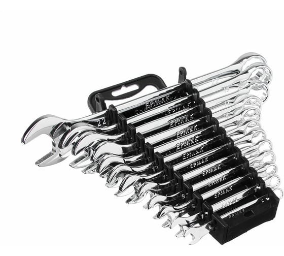 Изображение товара Набор рожково-накидных ключей ЕРМАК 12 предметов, 6-22мм, полированные CRV, пластик холдер 736-098