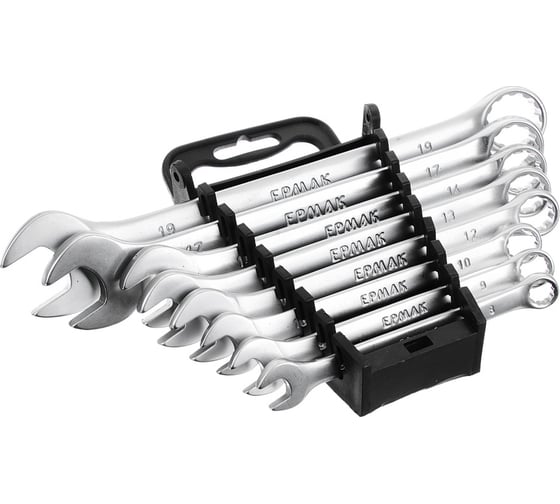 Изображение товара Набор рожково-накидных ключей ЕРМАК 8 предметов 8-19мм, матовые CRV, пластик холдер 736-049