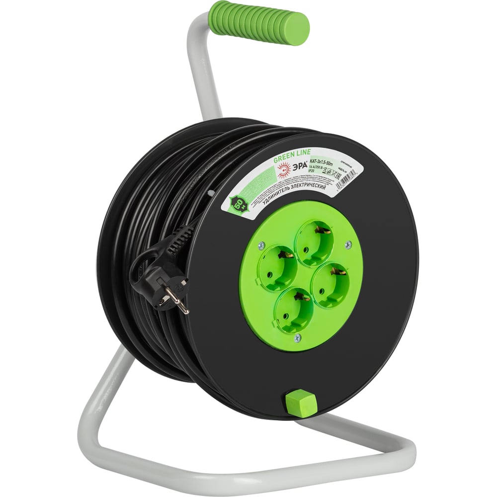 Изображение товара Удлинитель силовой ЭРА GREEN LINE KAT3x1.550m Greenline на катушке пластик 4 розетки с заземлением 5 Б0065107