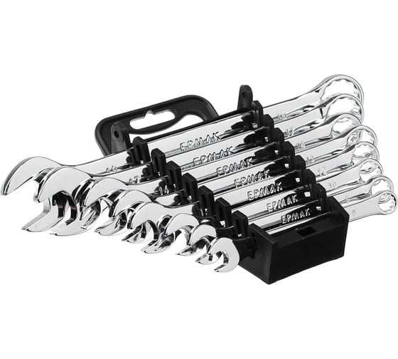 Изображение товара Набор рожково-накидных ключей ЕРМАК 8 предметов 8-19мм, полированные CRV, пластик холдер 736-097