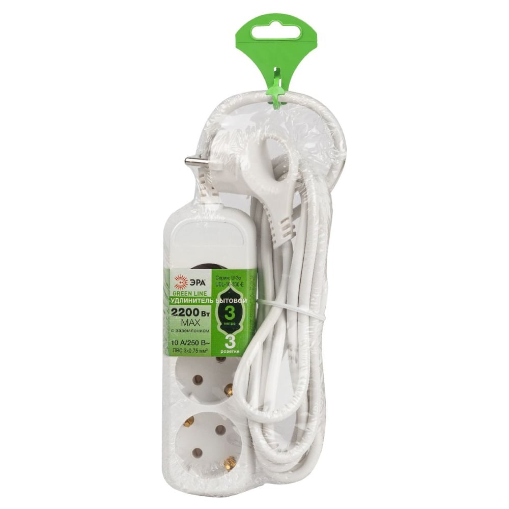 Изображение товара Удлинитель электрический  ЭРА UDL10330E Greenline 3 розетки с заземлением 3м ПВС 3x0.75мм2 Б0065037