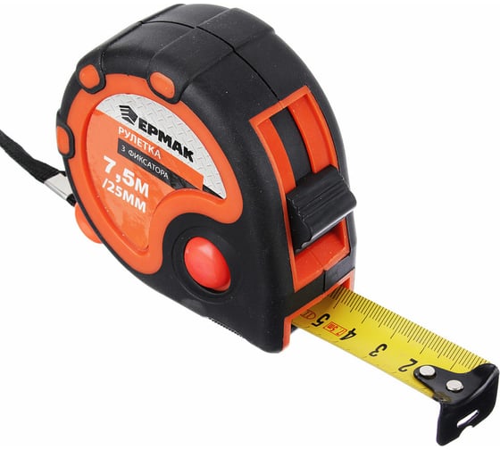 Изображение товара Рулетка ЕРМАК 3 фиксатора, двукомпонентный корпус, 7,5м х 25мм 658-126
