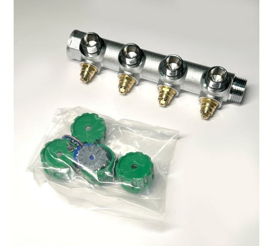 Изображение товара Коллектор Uni-Fitt НВ 1 4x3/4 EK 45 мм с выходами под 90', хромированный с вентилями 414C4340