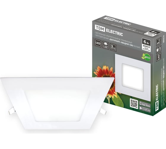 Изображение товара Светодиодный встраиваемый светильник TDM ELECTRIC Даунлайт квадрат СВО белый 6 Вт 6500К SQ0329-0119
