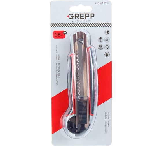 Изображение товара Нож строительный со смененными лезвиями GREPP 18 мм, ABS+TPR, автозамок,6 запасных лезвий /72/12 105-005