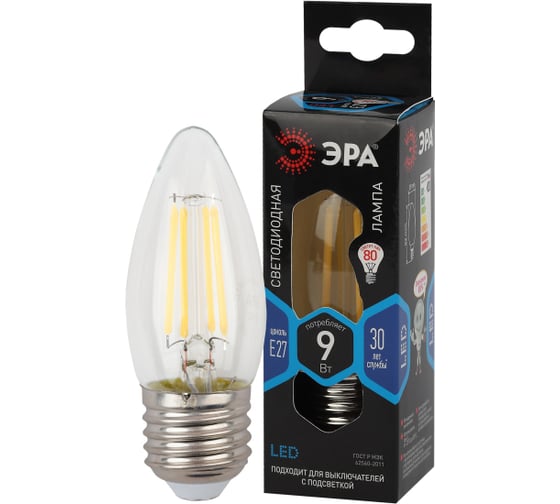 Изображение товара Набор 3 штуки ЭРА лампочки FLED B359w840E27 светодиодные (EC) E27 / Е27 9 Вт филамент свеча нейтраль Б0060312