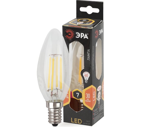 Изображение товара Набор 3 штуки ЭРА лампочки FLED B357W827E14 светодиодные (EC) Е14 / E14 7 Вт филамент свеча теплый б Б0060306