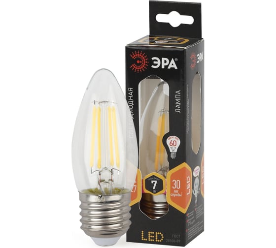 Изображение товара Набор 3 штуки ЭРА лампочки FLED B357W827E27 светодиодные (EC) E27 / Е27 7 Вт филамент свеча теплый б Б0060308