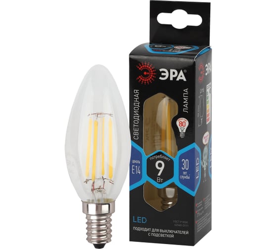Изображение товара Набор 3 штуки ЭРА лампочки FLED B359w840E14 светодиодные (EC) Е14 / E14 9 Вт филамент свеча нейтраль Б0060310