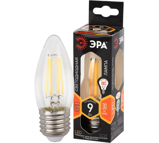 Изображение товара Набор 3 штуки ЭРА лампочки FLED B359w827E27 светодиодные (EC) E27 / Е27 9 Вт филамент свеча теплый б Б0060311