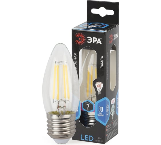 Изображение товара Набор 3 штуки ЭРА лампочки FLED B357W840E27 светодиодные (EC) E27 / Е27 7 Вт филамент свеча нейтраль Б0060309